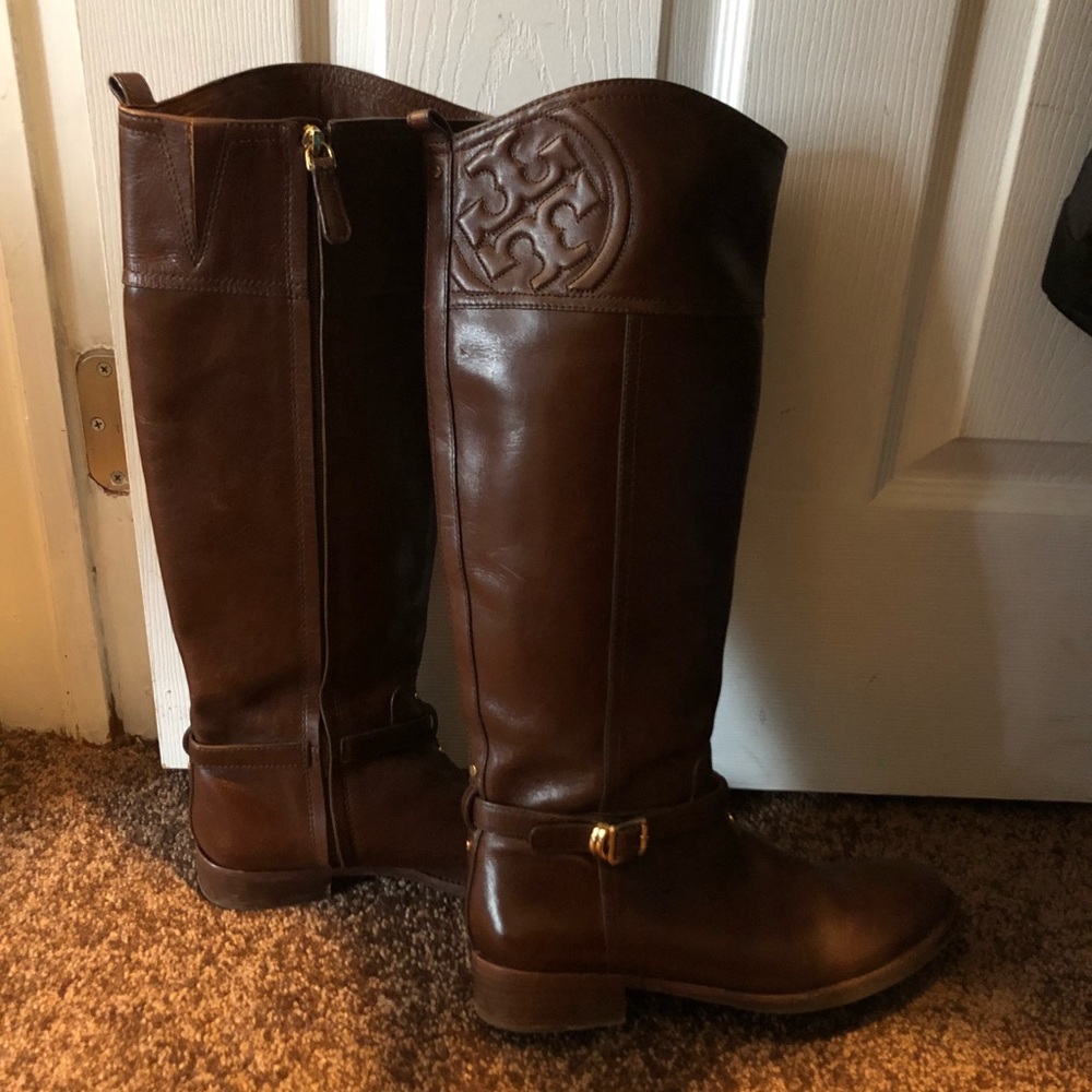 Tory Burch Riding Boots Leather 8 8.5 Brown Logo